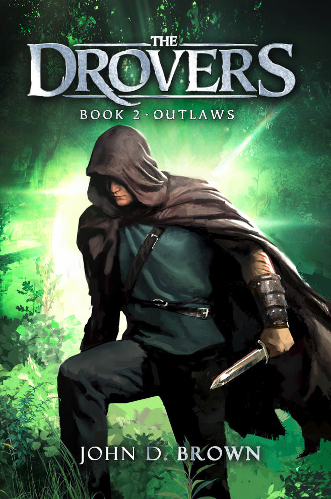Cover of Outlaws, The Drovers book 2, young man in hooded cape with knife.