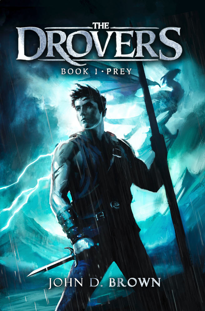 Cover of Prey, The Drovers book 1, young man with spear and creature in the sky